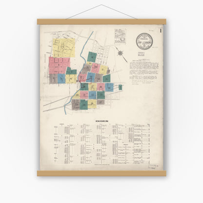 Old map wall art mockup — magnetic wood frame on white wall — Sanborn Fire Insurance Map from San Leandro, Alameda County, California (1917) - Complete Map Set