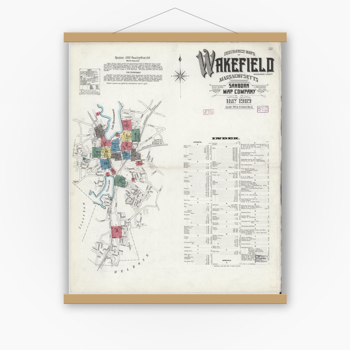 Old map wall art mockup — magnetic wood frame on white wall — Sanborn Fire Insurance Map from Wakefield, Middlesex County, Massachusetts (1909) - Complete Map Set