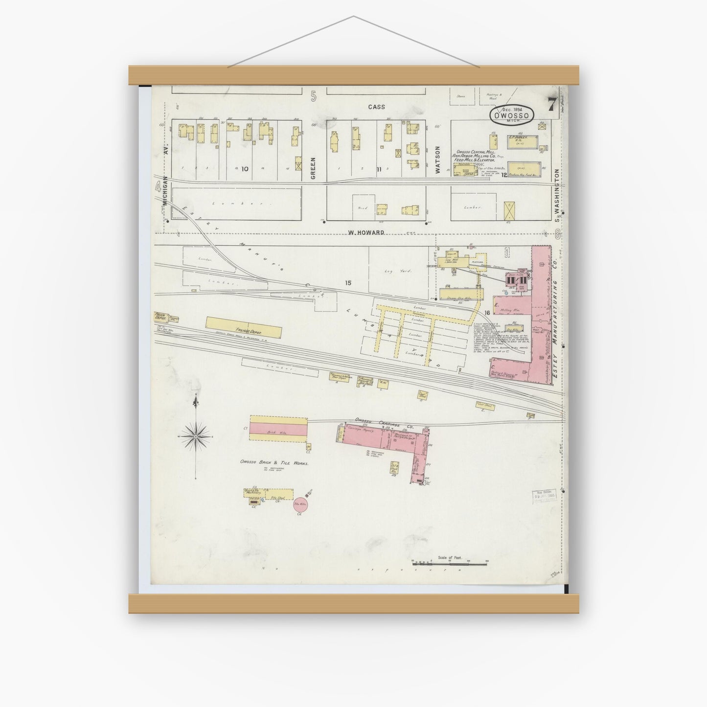 Old map wall art mockup — magnetic wood frame on white wall — Sanborn Fire Insurance Map from Owosso, Shiawassee County, Michigan (1894), Sheet #0007