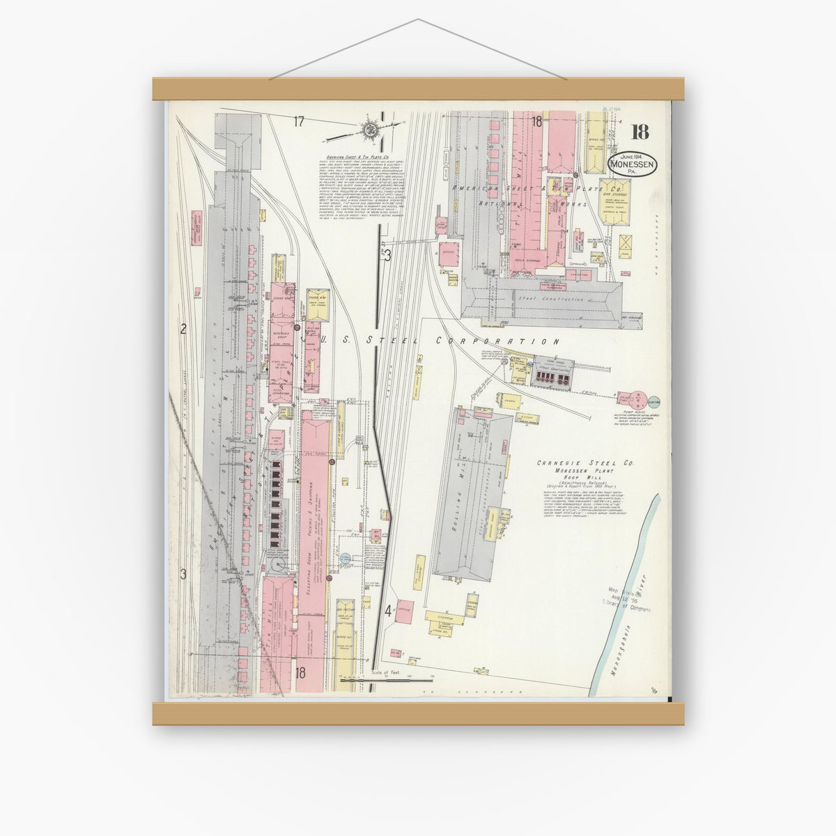 Old map wall art mockup — magnetic wood frame on white wall — Sanborn Fire Insurance Map from Monessen, Westmoreland County, Pennsylvania (1914), Sheet #0018