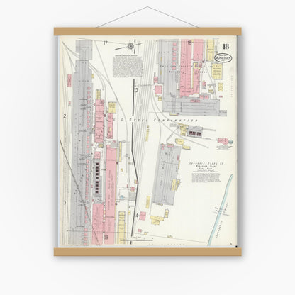 Old map wall art mockup — magnetic wood frame on white wall — Sanborn Fire Insurance Map from Monessen, Westmoreland County, Pennsylvania (1914), Sheet #0018