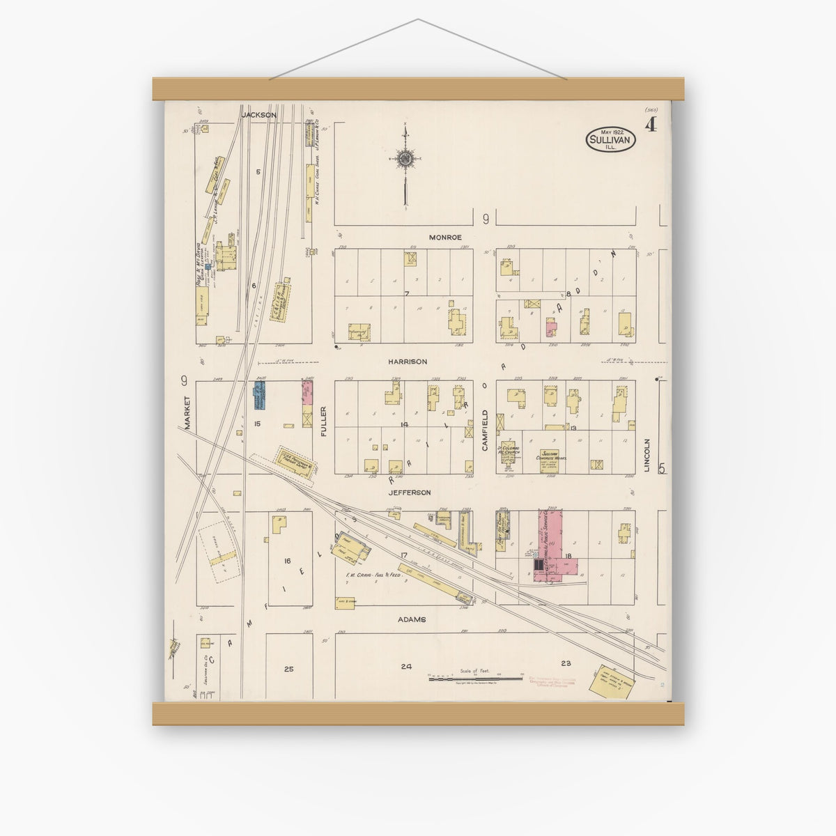Old map wall art mockup — magnetic wood frame on white wall — Sanborn Fire Insurance Map from Sullivan, Moultrie County, Illinois (1922), Sheet #0004