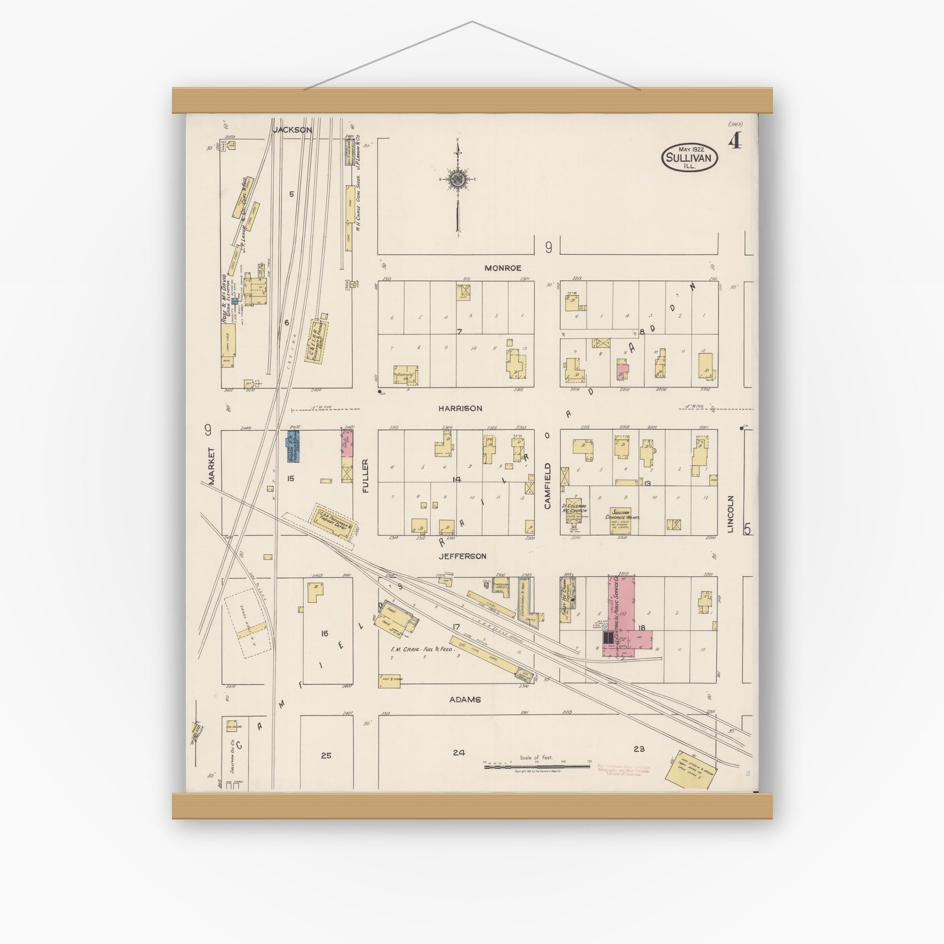 Old map wall art mockup — magnetic wood frame on white wall — Sanborn Fire Insurance Map from Sullivan, Moultrie County, Illinois (1922), Sheet #0004