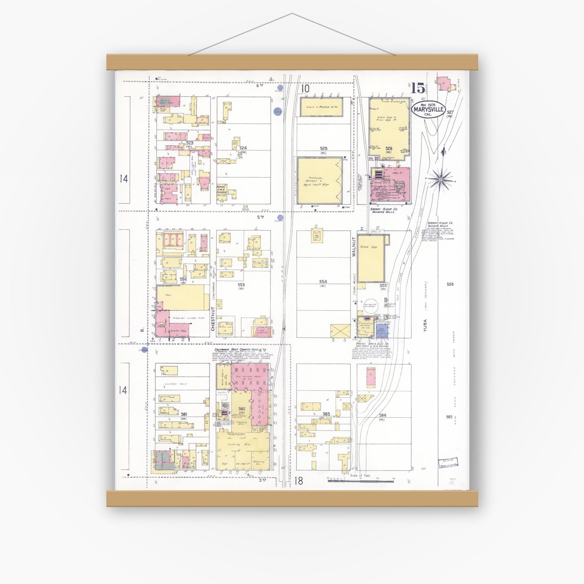 Old map wall art mockup — magnetic wood frame on white wall — Sanborn Fire Insurance Map from Marysville, Yuba County, California (1909), Sheet #0015