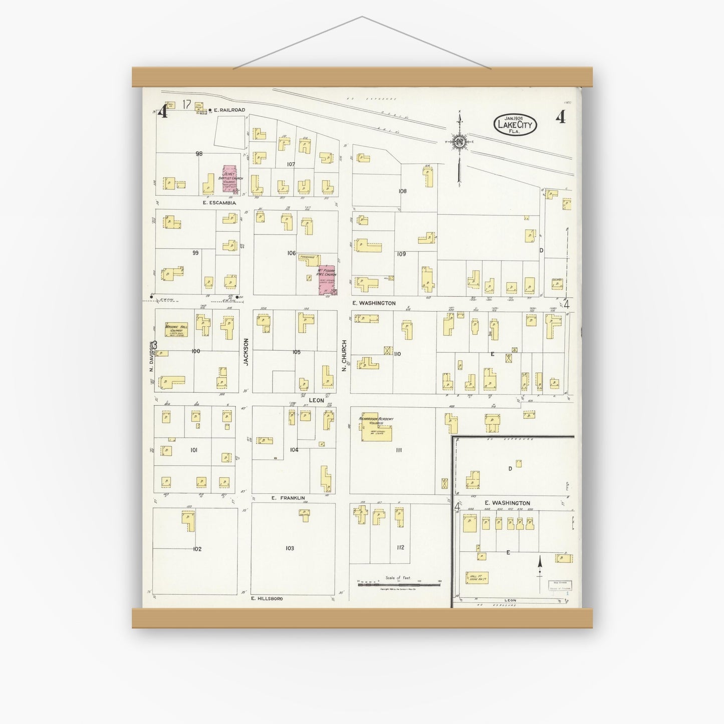 Old map wall art mockup — magnetic wood frame on white wall — Sanborn Fire Insurance Map from Lake City, Columbia County, Florida (1924), Sheet #0004