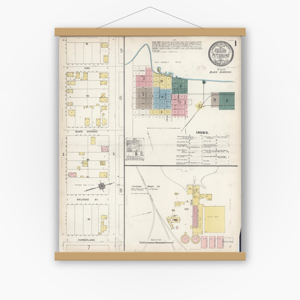 Old map wall art mockup — magnetic wood frame on white wall — Sanborn Fire Insurance Map from Pittsburg, Contra Costa County, California (1911) - Complete Map Set