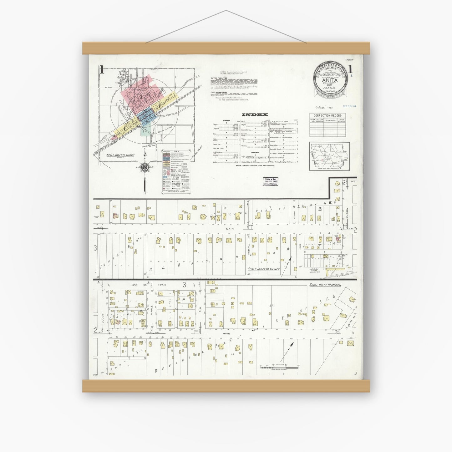 Old map wall art mockup — magnetic wood frame on white wall — Sanborn Fire Insurance Map from Anita, Cass County, Iowa (1938), Sheet #0001