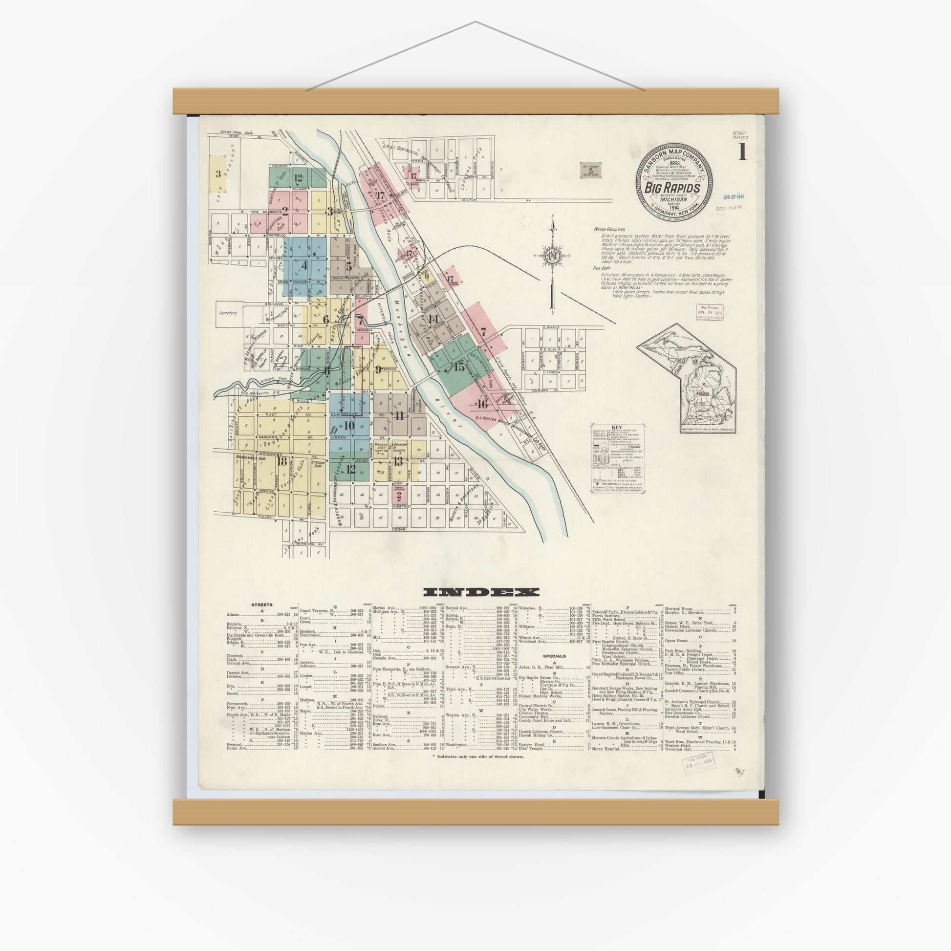 Old map wall art mockup — magnetic wood frame on white wall — Sanborn Fire Insurance Map from Big Rapids, Mecosta County, Michigan (1914), Sheet #0001