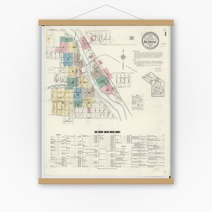 Old map wall art mockup — magnetic wood frame on white wall — Sanborn Fire Insurance Map from Big Rapids, Mecosta County, Michigan (1914), Sheet #0001