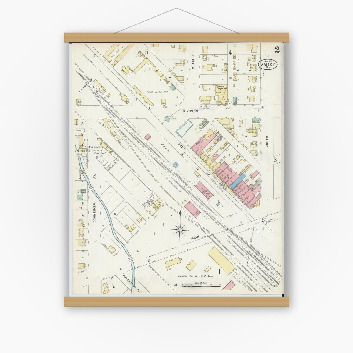 Old map wall art mockup — magnetic wood frame on white wall — Sanborn Fire Insurance Map from Amboy, Lee County, Illinois (1897), Sheet #0002