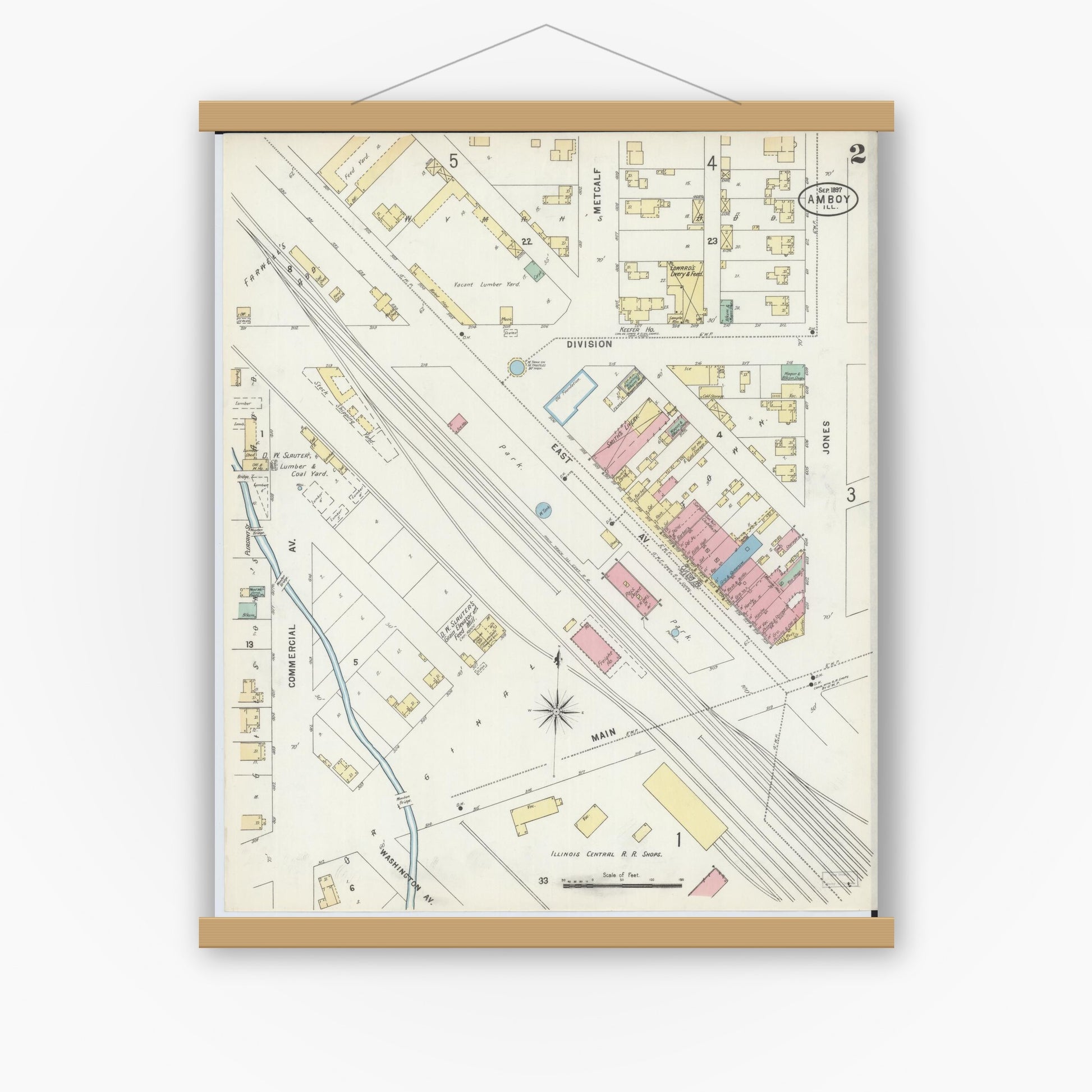 Old map wall art mockup — magnetic wood frame on white wall — Sanborn Fire Insurance Map from Amboy, Lee County, Illinois (1897), Sheet #0002