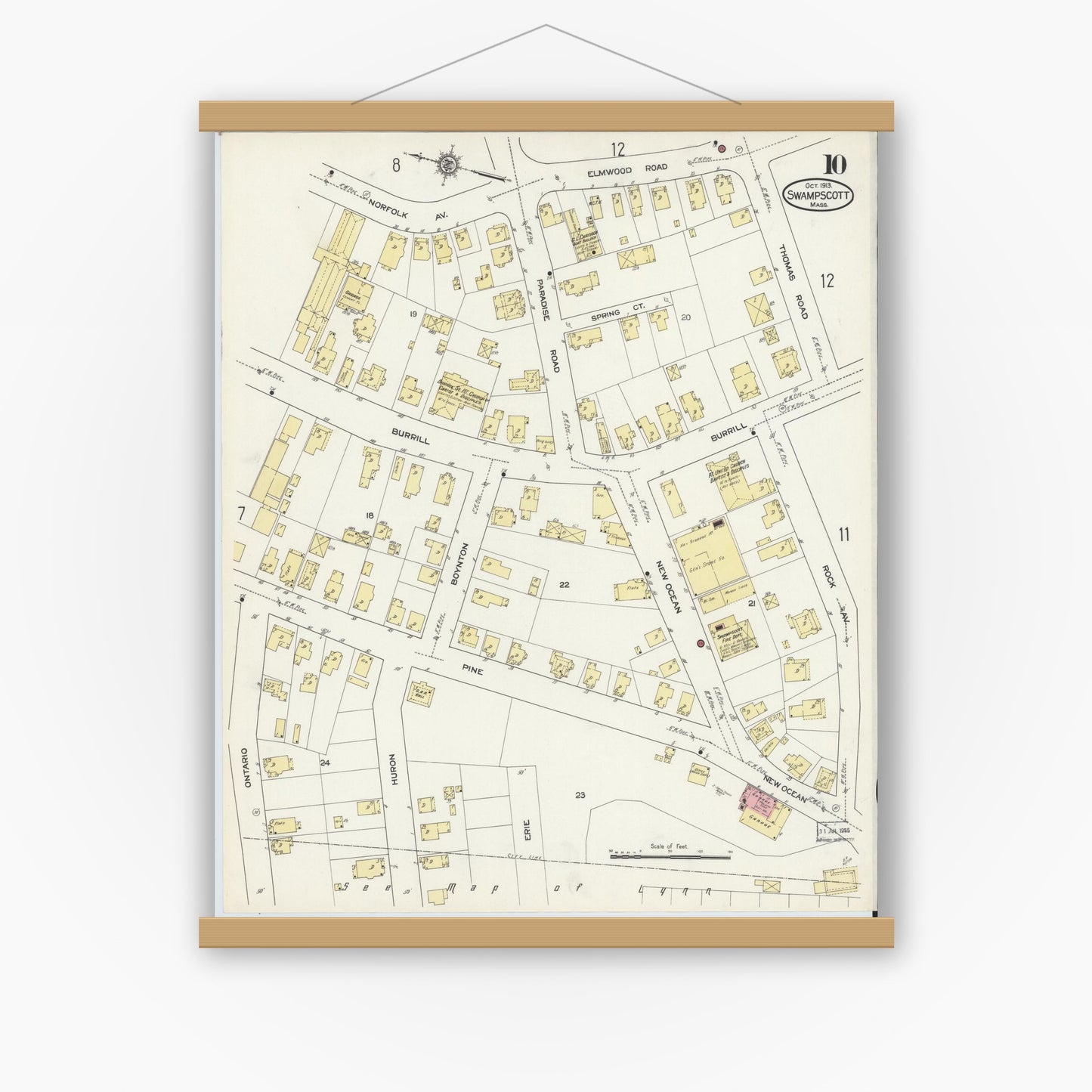 Old map wall art mockup — magnetic wood frame on white wall — Sanborn Fire Insurance Map from Swampscott, Essex County, Massachusetts (1913), Sheet #0010