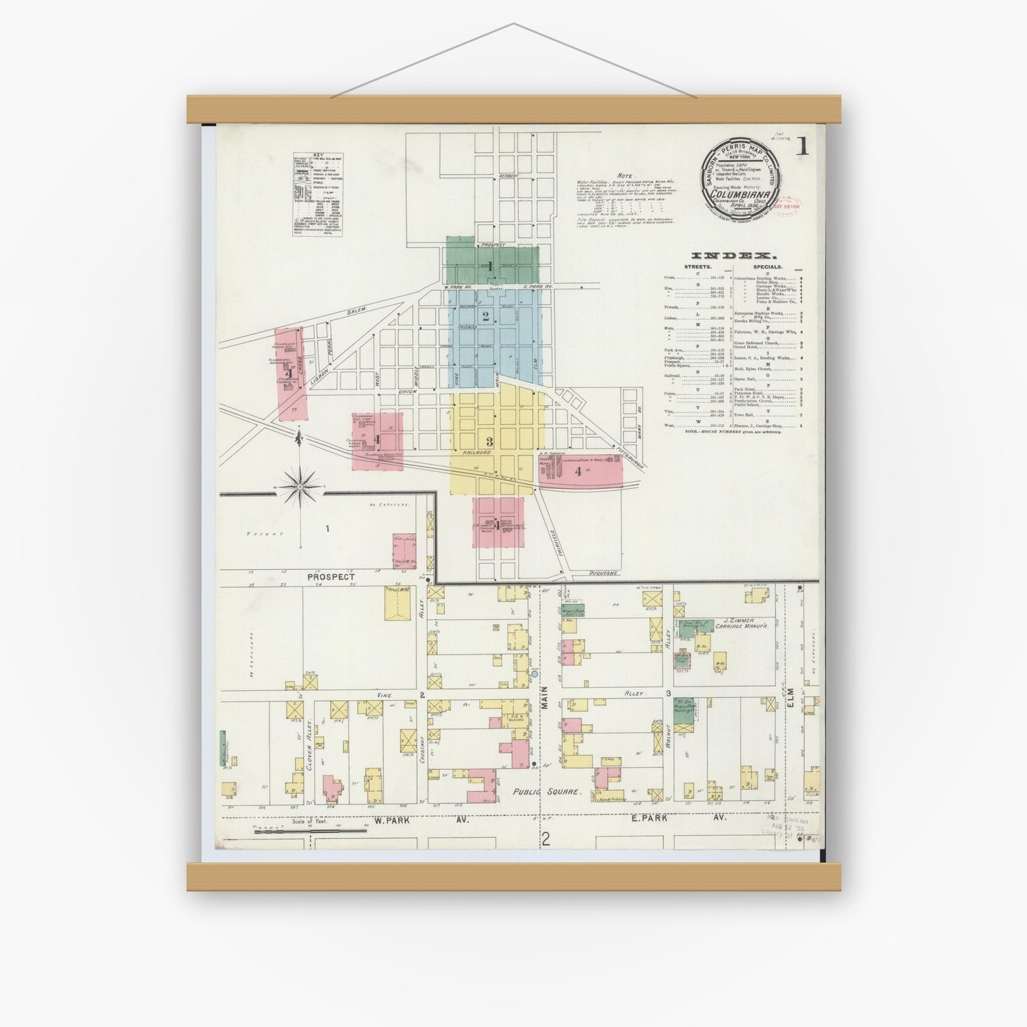Old map wall art mockup — magnetic wood frame on white wall — Sanborn Fire Insurance Map from Columbiana, Columbiana County, Ohio (1896), Sheet #0001