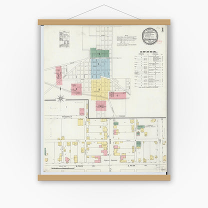 Old map wall art mockup — magnetic wood frame on white wall — Sanborn Fire Insurance Map from Columbiana, Columbiana County, Ohio (1896), Sheet #0001