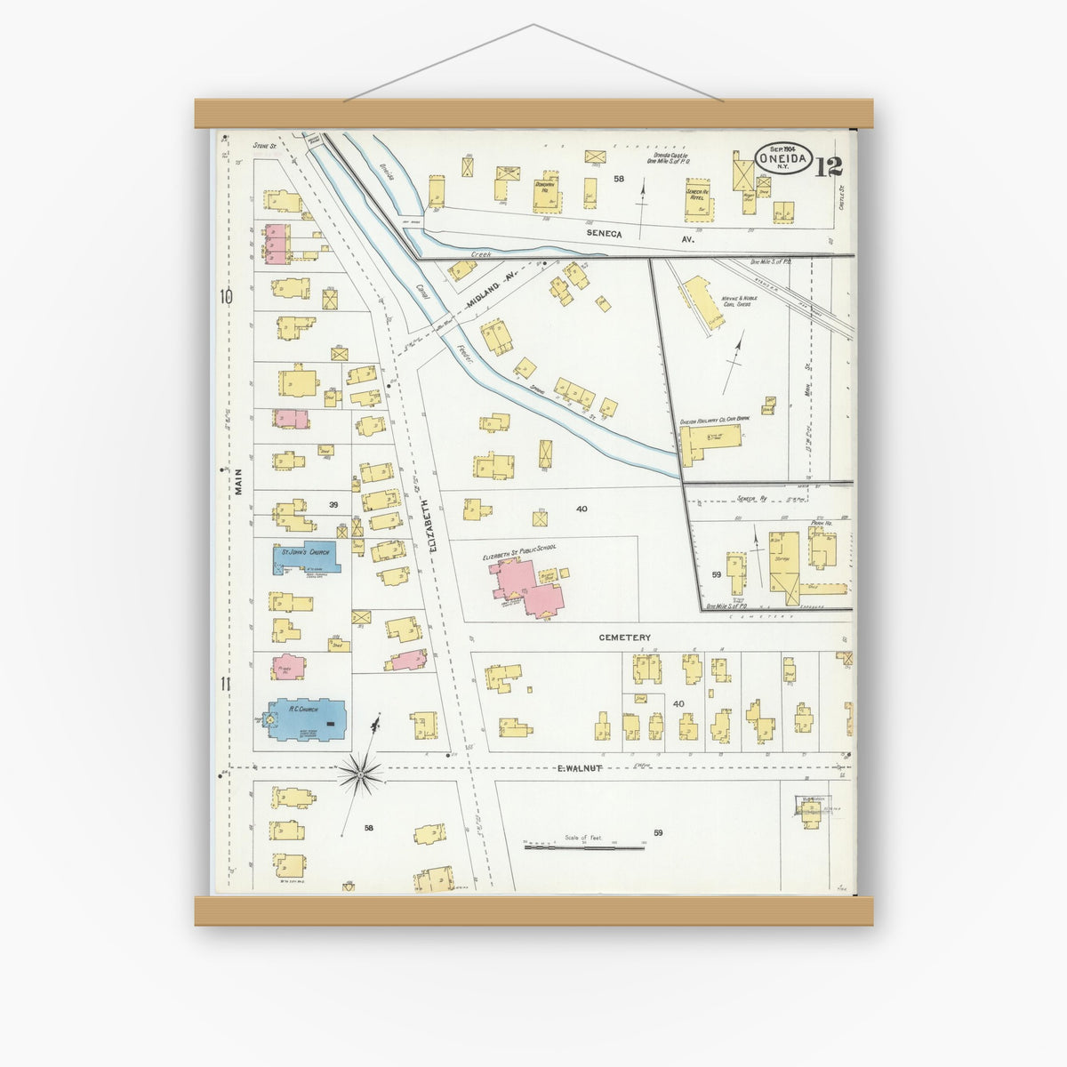 Old map wall art mockup — magnetic wood frame on white wall — Sanborn Fire Insurance Map from Oneida, Madison County, New York (1904), Sheet #0011