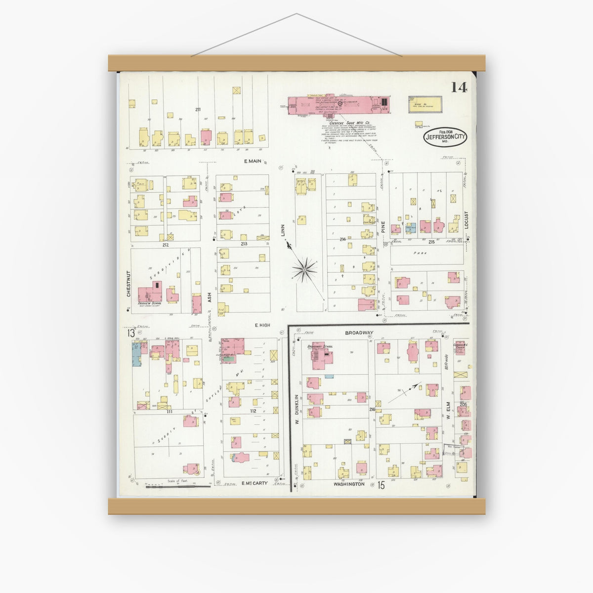 Old map wall art mockup — magnetic wood frame on white wall — Sanborn Fire Insurance Map from Jefferson City, Cole County, Missouri (1908), Sheet #0014