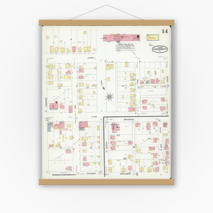Old map wall art mockup — magnetic wood frame on white wall — Sanborn Fire Insurance Map from Jefferson City, Cole County, Missouri (1908), Sheet #0014