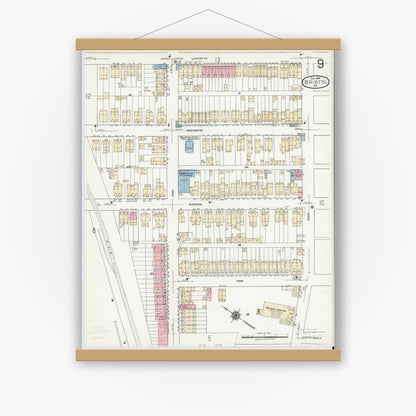Old map wall art mockup — magnetic wood frame on white wall — Sanborn Fire Insurance Map from Bristol, Bucks County, Pennsylvania (1927), Sheet #0009