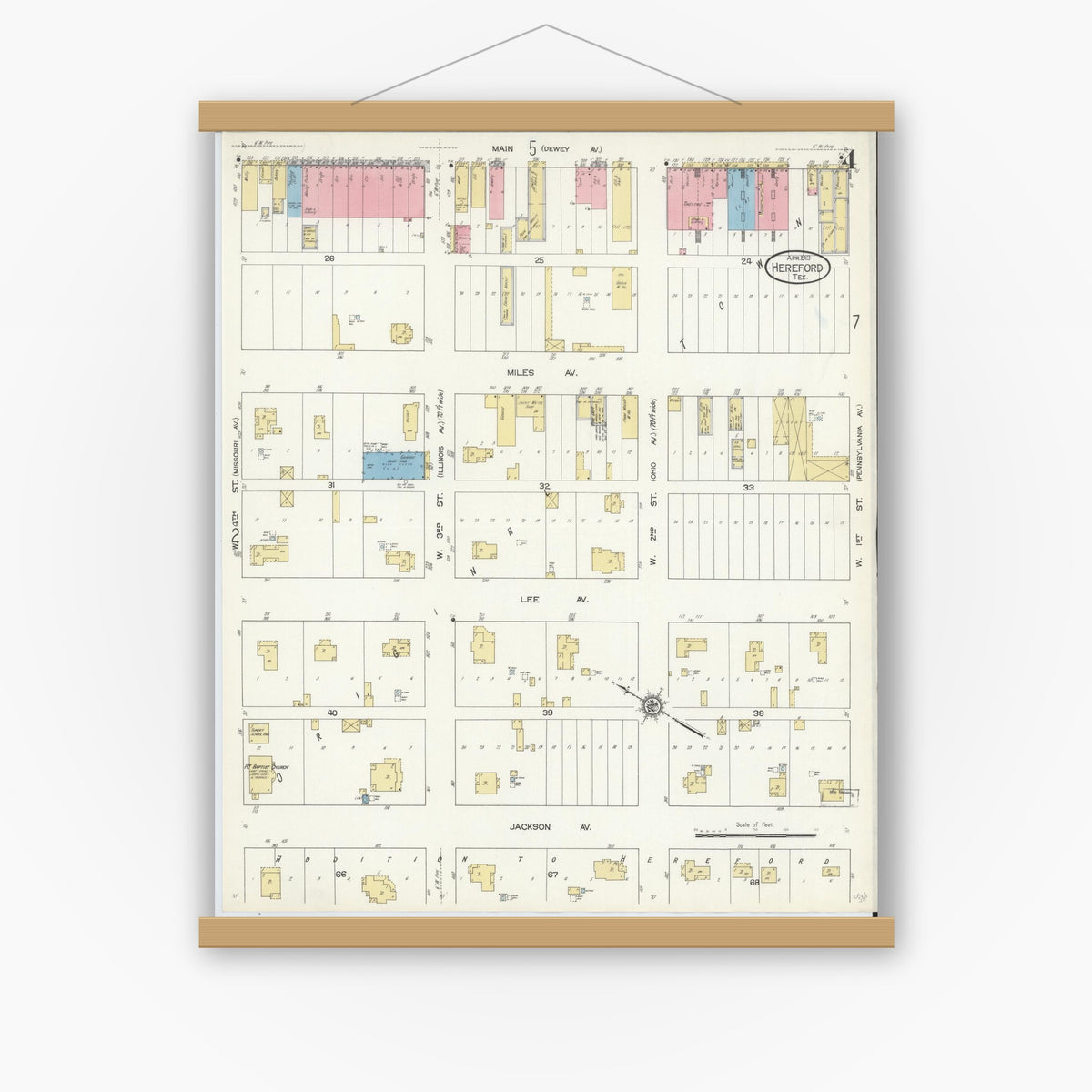 Old map wall art mockup — magnetic wood frame on white wall — Sanborn Fire Insurance Map from Hereford, Deaf Smith County, Texas (1913), Sheet #0004