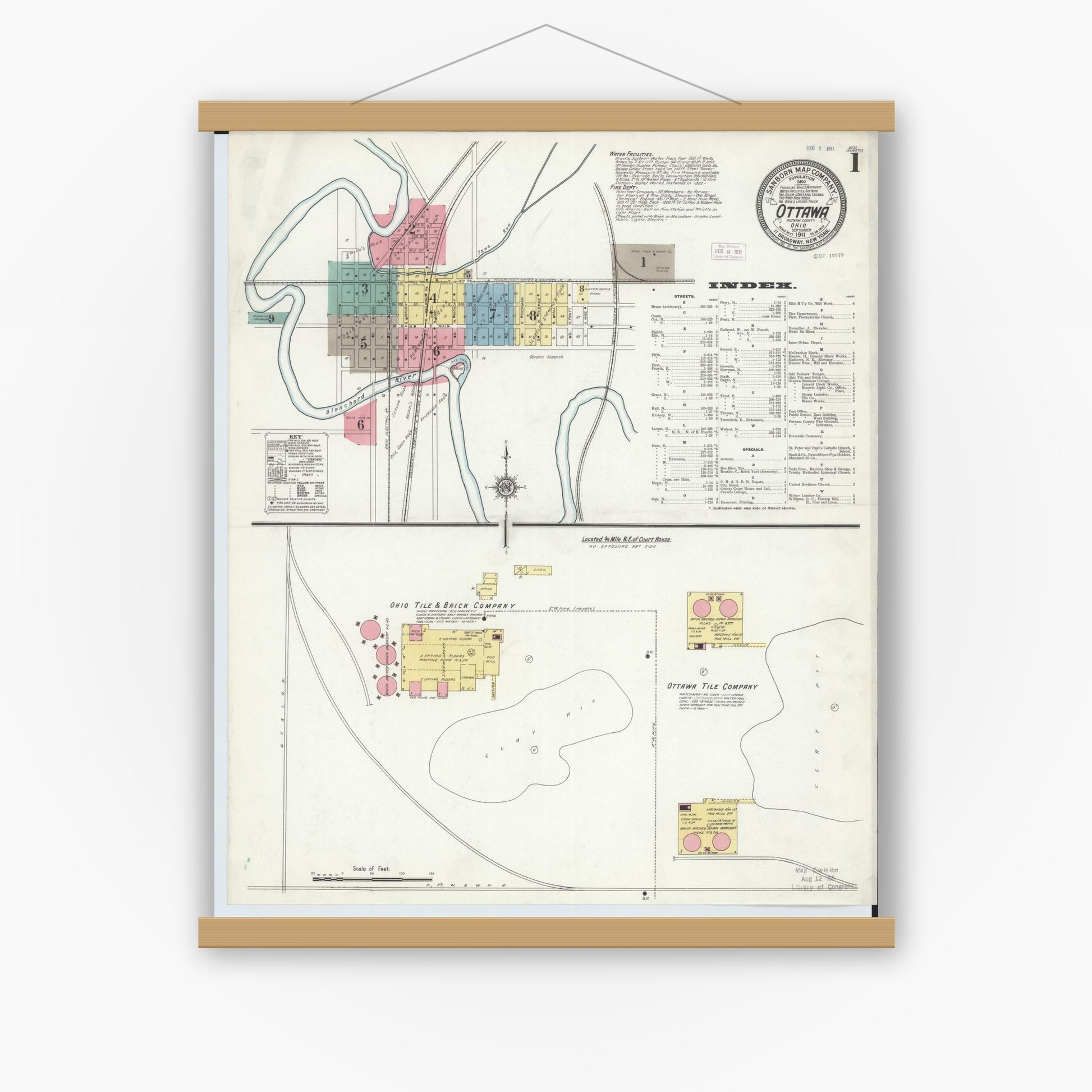 Old map wall art mockup — magnetic wood frame on white wall — Sanborn Fire Insurance Map from Ottawa, Putnam County, Ohio (1911), Sheet #0001