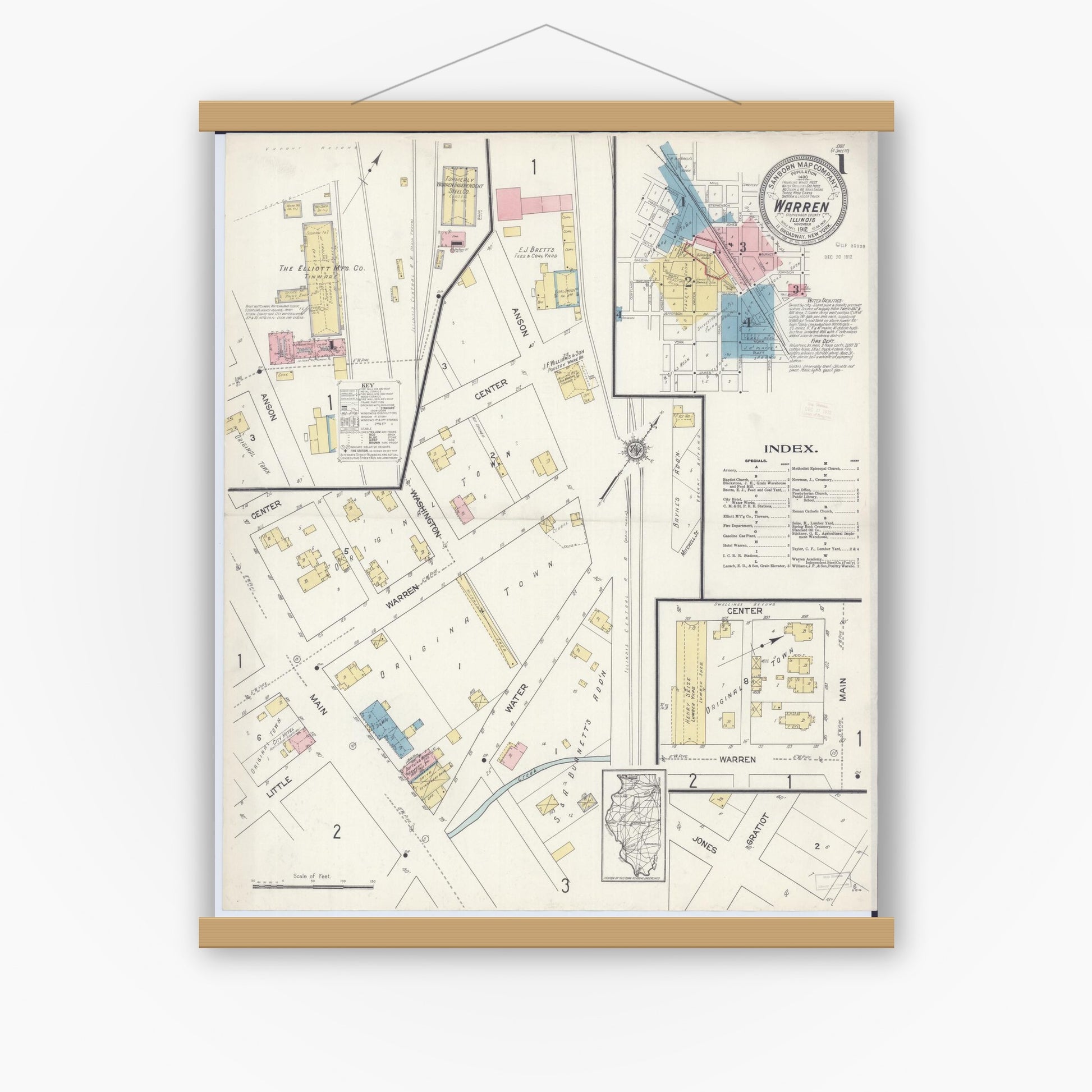 Old map wall art mockup — magnetic wood frame on white wall — Sanborn Fire Insurance Map from Warren, Jo Daviess County, Illinois (1912) - Complete Map Set