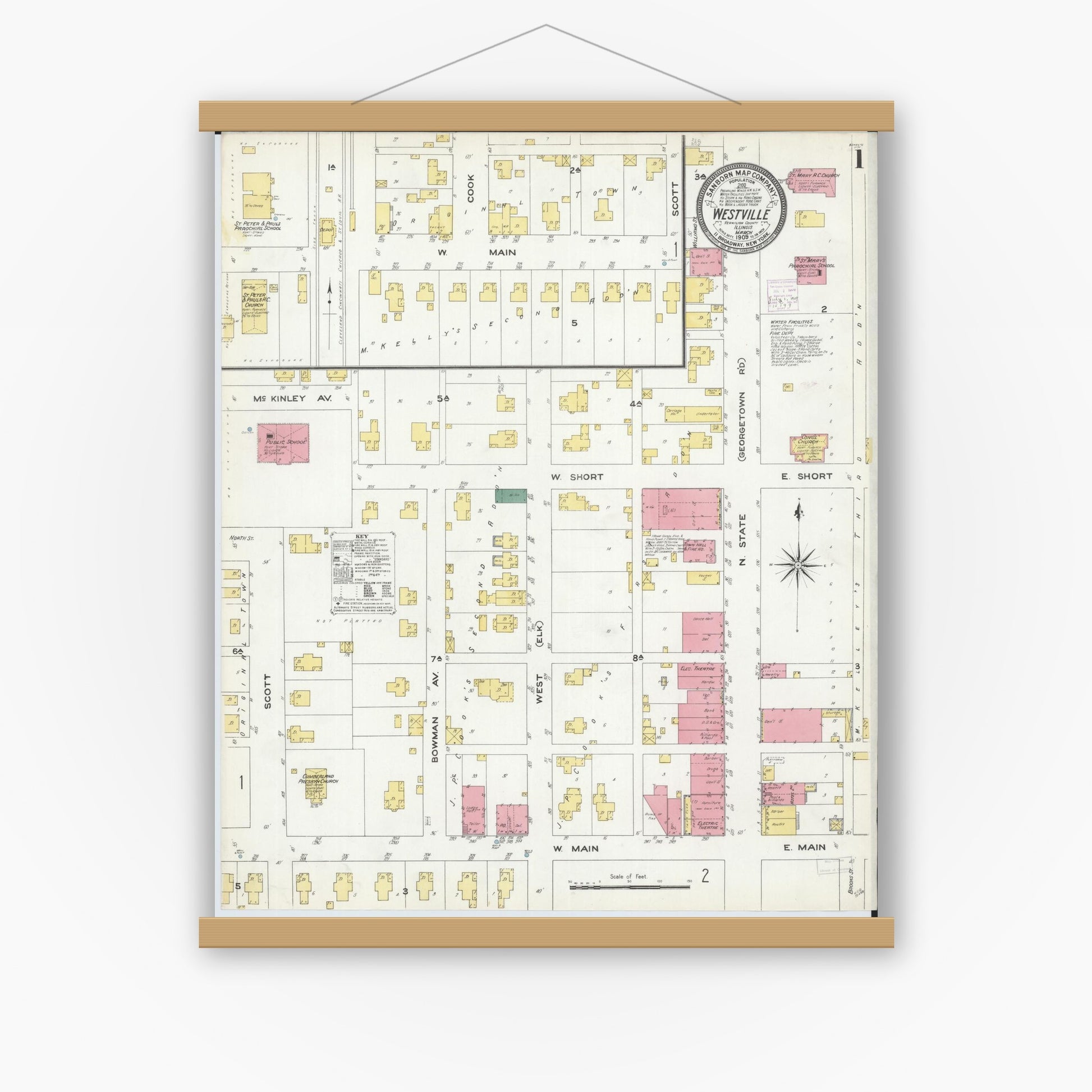 Old map wall art mockup — magnetic wood frame on white wall — Sanborn Fire Insurance Map from Westville, Vermilion County, Illinois (1909) - Complete Map Set