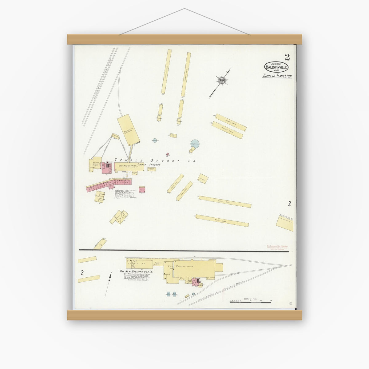 Old map wall art mockup — magnetic wood frame on white wall — Sanborn Fire Insurance Map from Baldwinville, Worcester County, Massachusetts (1912), Sheet #0002