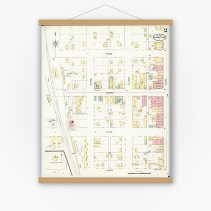 Old map wall art mockup — magnetic wood frame on white wall — Sanborn Fire Insurance Map from Hampton, Franklin County, Iowa (1897), Sheet #0002