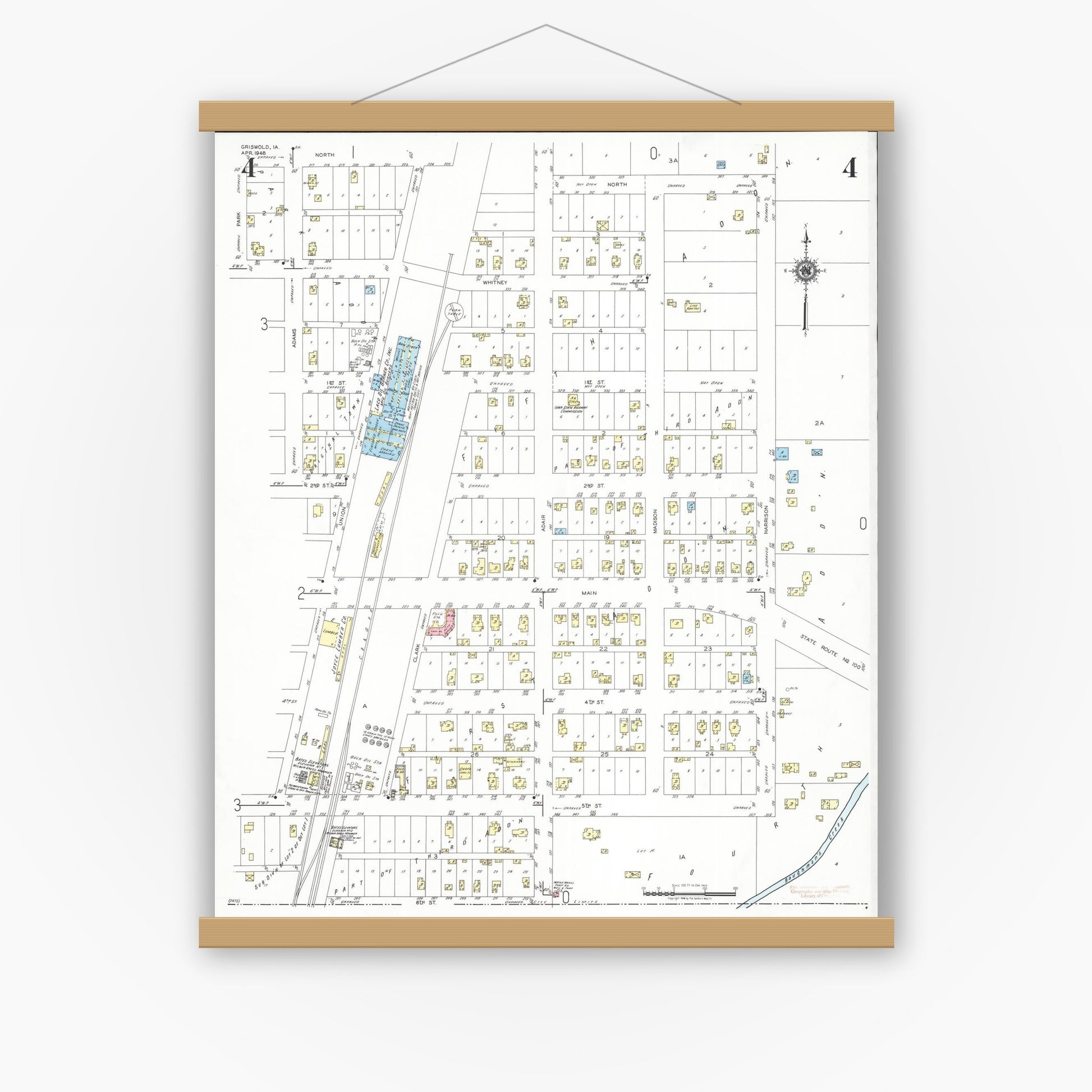 Old map wall art mockup — magnetic wood frame on white wall — Sanborn Fire Insurance Map from Griswold, Cass County, Iowa (1948), Sheet #0004