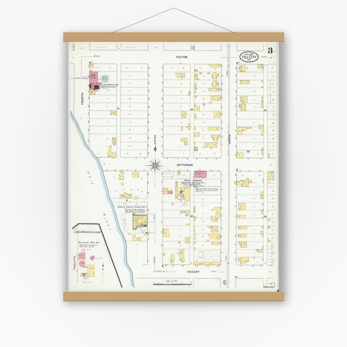Old map wall art mockup — magnetic wood frame on white wall — Sanborn Fire Insurance Map from Tell City, Perry County, Indiana (1909), Sheet #0003