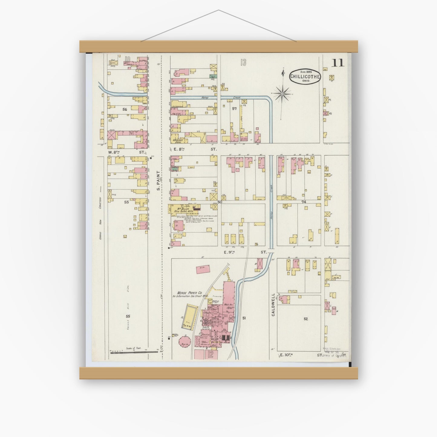 Old map wall art mockup — magnetic wood frame on white wall — Sanborn Fire Insurance Map from Chillicothe, Ross County, Ohio (1895), Sheet #0011