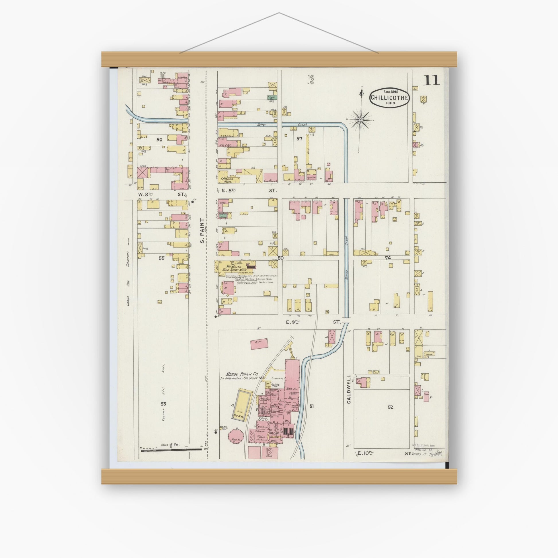 Old map wall art mockup — magnetic wood frame on white wall — Sanborn Fire Insurance Map from Chillicothe, Ross County, Ohio (1895), Sheet #0011