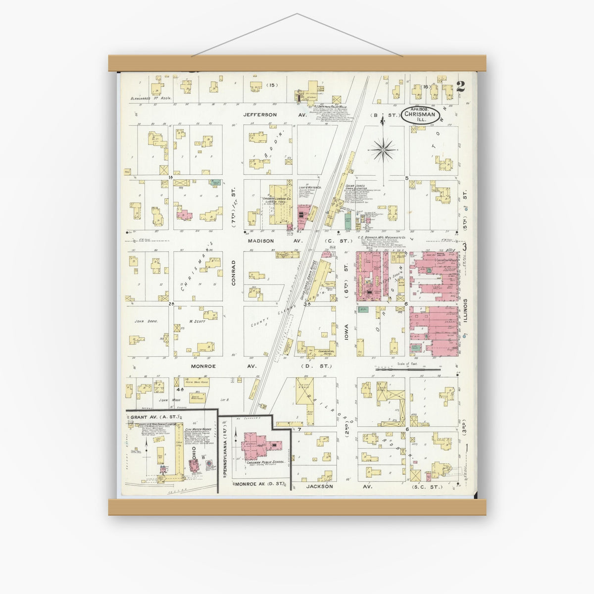 Old map wall art mockup — magnetic wood frame on white wall — Sanborn Fire Insurance Map from Chrisman, Edgar County, Illinois (1908), Sheet #0002
