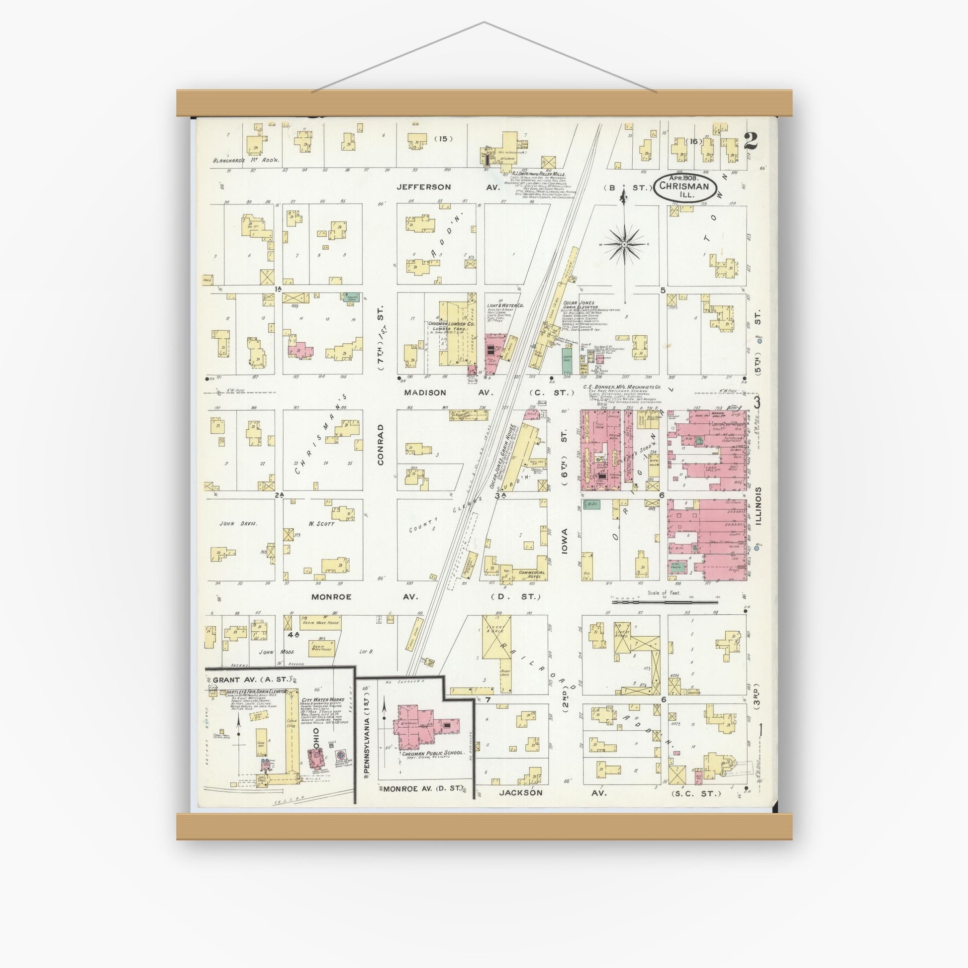 Old map wall art mockup — magnetic wood frame on white wall — Sanborn Fire Insurance Map from Chrisman, Edgar County, Illinois (1908), Sheet #0002