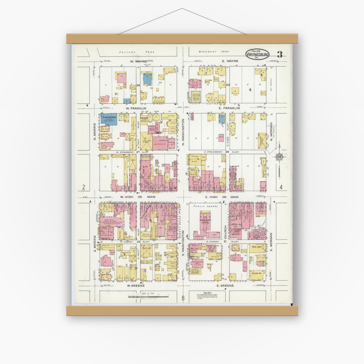 Old map wall art mockup — magnetic wood frame on white wall — Sanborn Fire Insurance Map from Waynesburg, Greene County, Pennsylvania (1918), Sheet #0003
