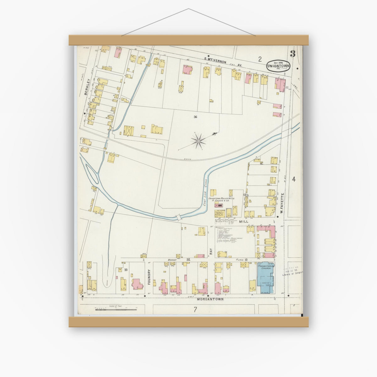 Old map wall art mockup — magnetic wood frame on white wall — Sanborn Fire Insurance Map from Uniontown, Fayette County, Pennsylvania (1896), Sheet #0003
