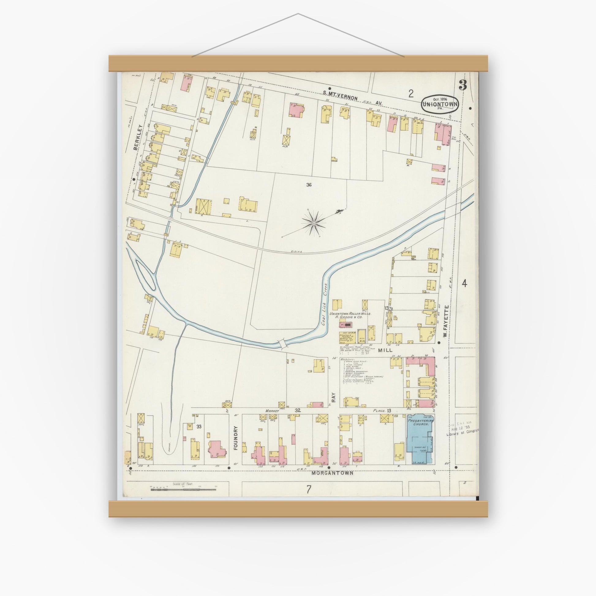 Old map wall art mockup — magnetic wood frame on white wall — Sanborn Fire Insurance Map from Uniontown, Fayette County, Pennsylvania (1896), Sheet #0003