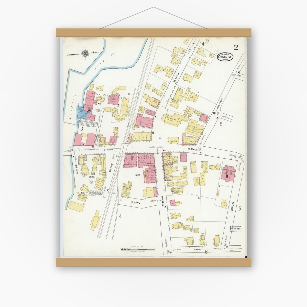 Old map wall art mockup — magnetic wood frame on white wall — Sanborn Fire Insurance Map from Orange, Franklin County, Massachusetts (1917), Sheet #0002