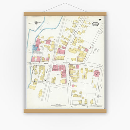 Old map wall art mockup — magnetic wood frame on white wall — Sanborn Fire Insurance Map from Orange, Franklin County, Massachusetts (1917), Sheet #0002
