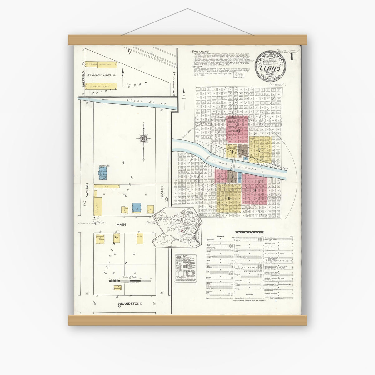 Old map wall art mockup — magnetic wood frame on white wall — Sanborn Fire Insurance Map from Llano, Llano County, Texas (1921) - Complete Map Set