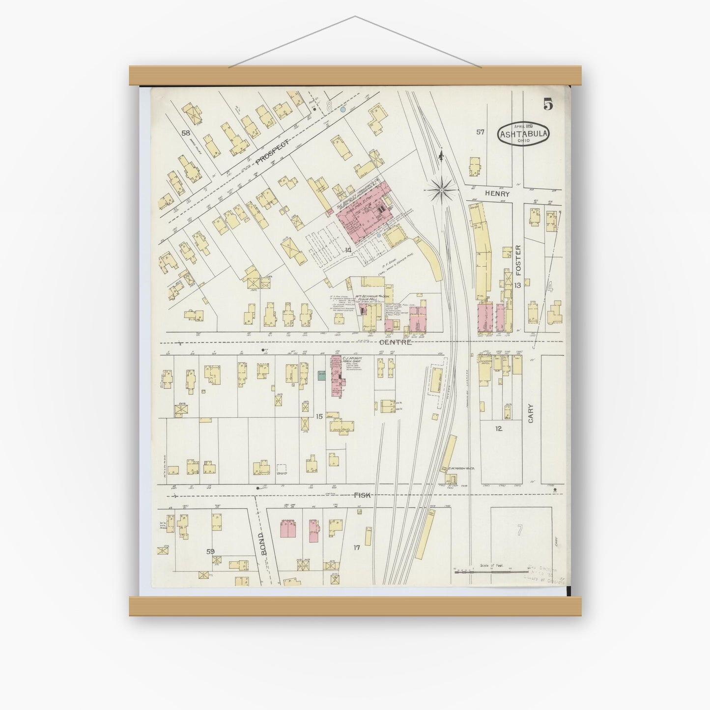 Old map wall art mockup — magnetic wood frame on white wall — Sanborn Fire Insurance Map from Ashtabula, Ashtabula County, Ohio (1893), Sheet #0005