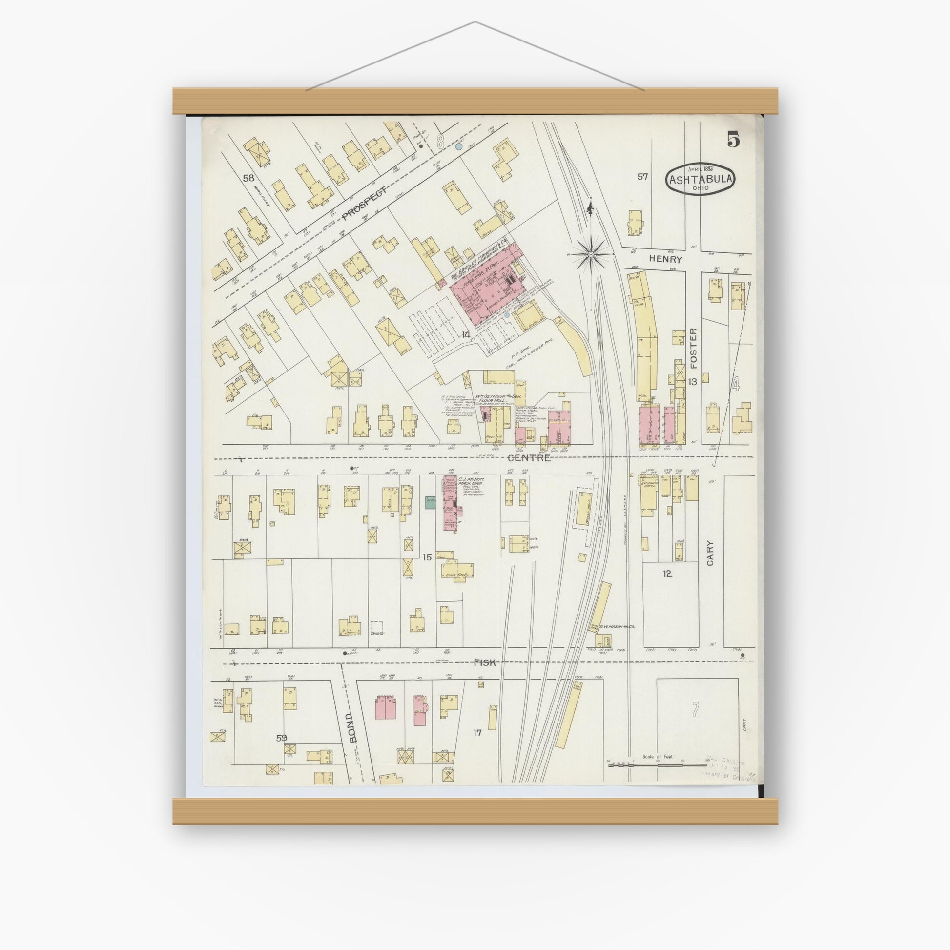 Old map wall art mockup — magnetic wood frame on white wall — Sanborn Fire Insurance Map from Ashtabula, Ashtabula County, Ohio (1893), Sheet #0005