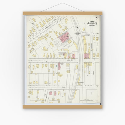 Old map wall art mockup — magnetic wood frame on white wall — Sanborn Fire Insurance Map from Ashtabula, Ashtabula County, Ohio (1893), Sheet #0005