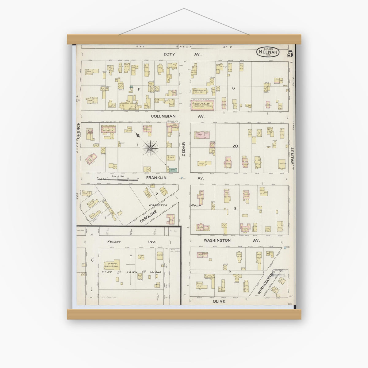 Old map wall art mockup — magnetic wood frame on white wall — Sanborn Fire Insurance Map from Neenah, Winnebago County, Wisconsin (1887), Sheet #0005