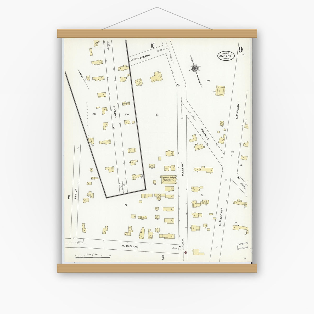 Old map wall art mockup — magnetic wood frame on white wall — Sanborn Fire Insurance Map from Amherst, Hampshire County, Massachusetts (1910), Sheet #0009