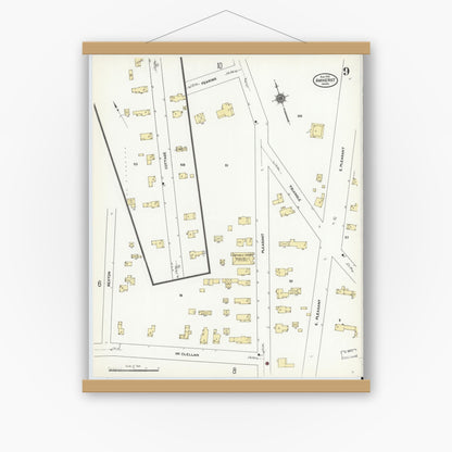 Old map wall art mockup — magnetic wood frame on white wall — Sanborn Fire Insurance Map from Amherst, Hampshire County, Massachusetts (1910), Sheet #0009