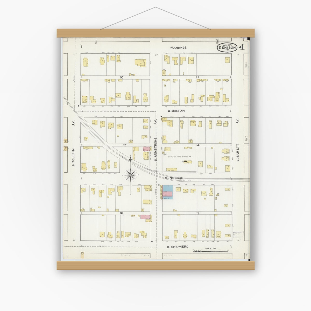 Old map wall art mockup — magnetic wood frame on white wall — Sanborn Fire Insurance Map from Denison, Grayson County, Texas (1892), Sheet #0004