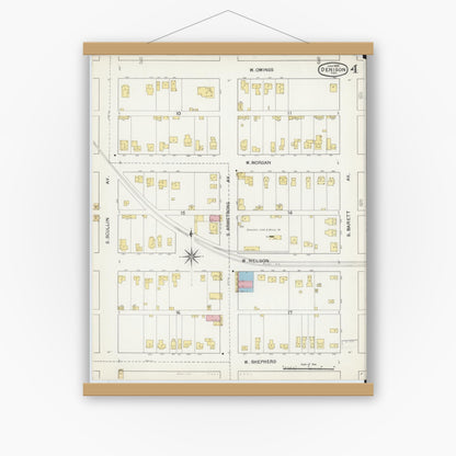 Old map wall art mockup — magnetic wood frame on white wall — Sanborn Fire Insurance Map from Denison, Grayson County, Texas (1892), Sheet #0004
