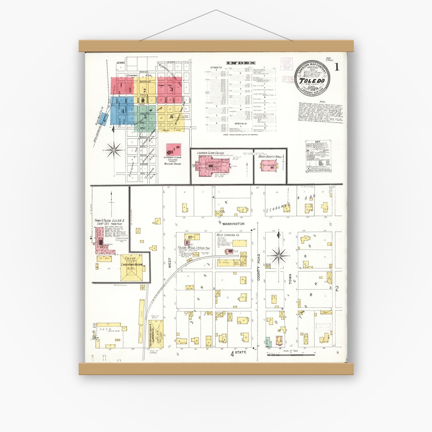 Old map wall art mockup — magnetic wood frame on white wall — Sanborn Fire Insurance Map from Toledo, Tama County, Iowa (1906) â€” Complete Set