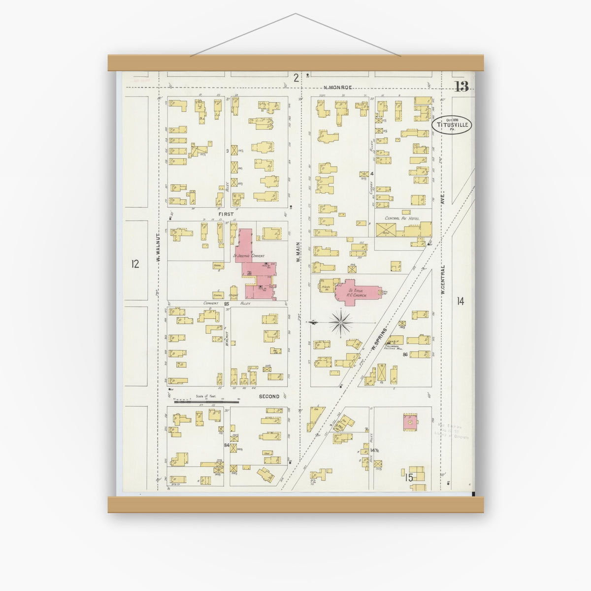 Old map wall art mockup — magnetic wood frame on white wall — Sanborn Fire Insurance Map from Titusville, Crawford County, Pennsylvania (1898), Sheet #0013